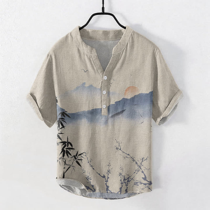 Buddha Stones Cotton Ink Mountain Sun Pattern Men's Short Sleeve Half Button Shirt - Tan - US/UK/AU50，EU60 (5XL) - image 3