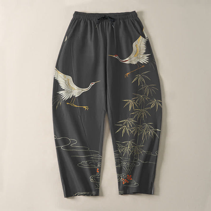 Buddha Stones Pure Cotton Crane Bamboo Wave Pattern Drawstring Men's Tapered Pants With Pockets - image 2
