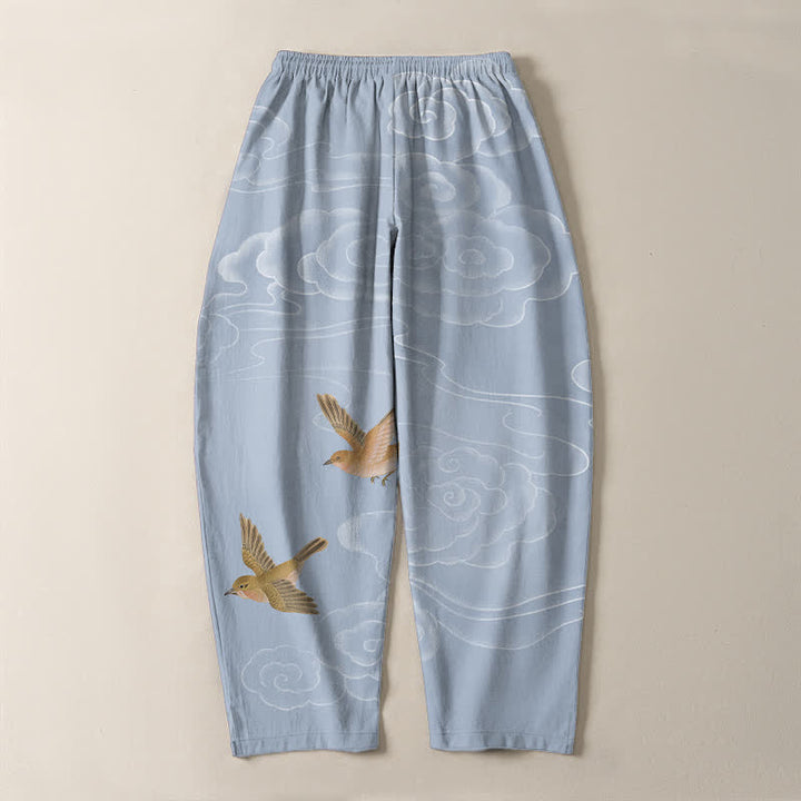 Buddha Stones Pure Cotton Auspicious Cloud Bird Pattern Drawstring Men's Tapered Pants With Pockets - image 10