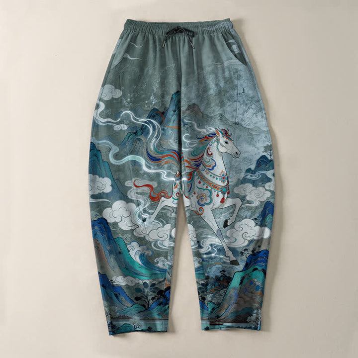 Buddha Stones Pure Cotton Running White Horse Pattern Drawstring Men's Tapered Pants With Pockets - image 9