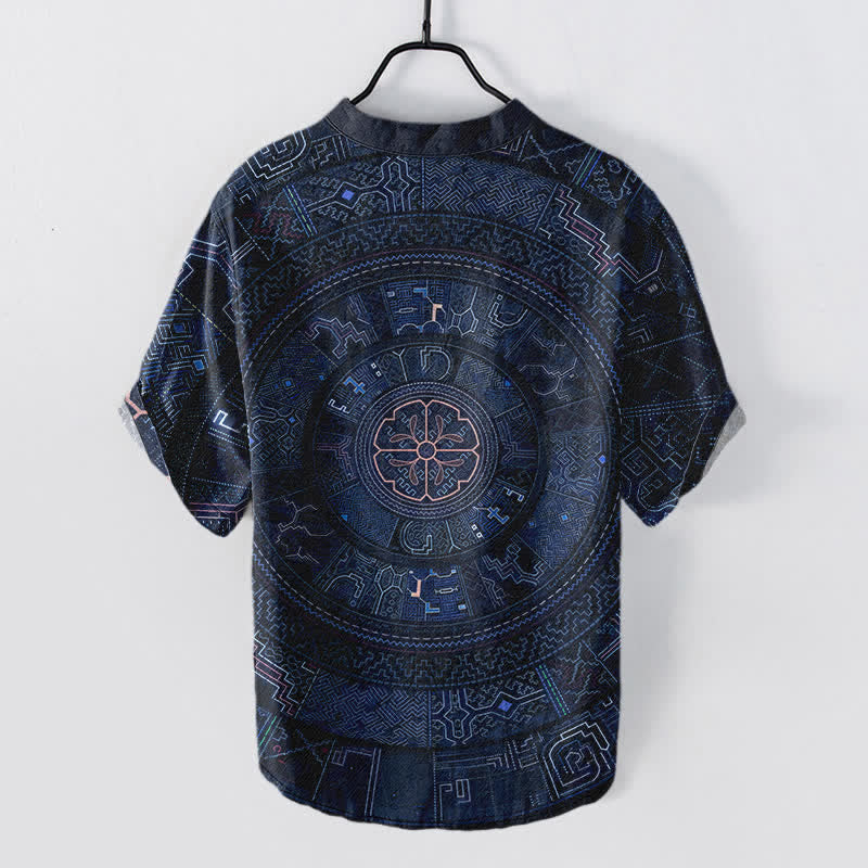 Buddha Stones Cotton Tribal Mandala Pattern Men's Short Sleeve Half Button Shirt - image 6