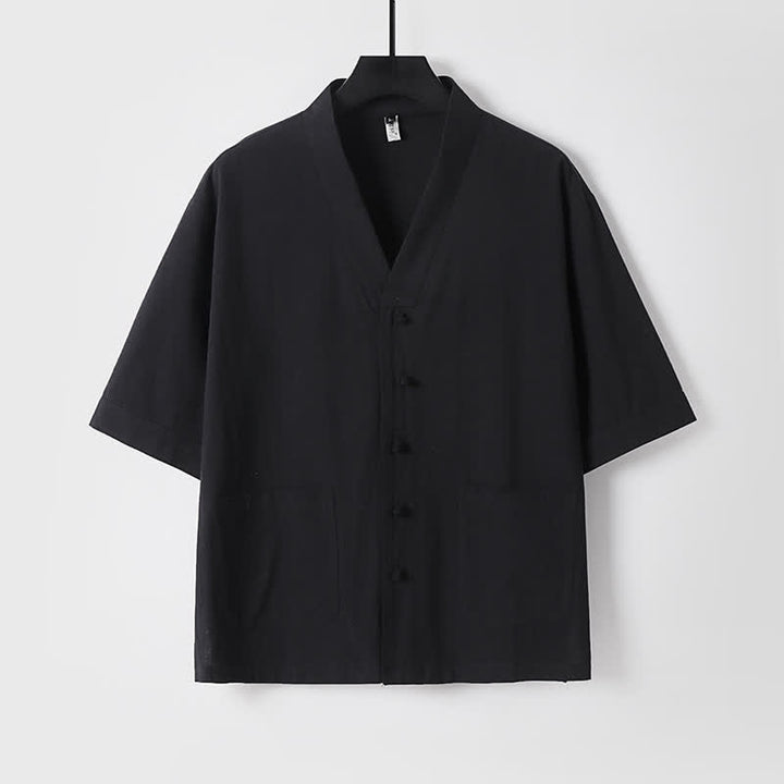 Buddha Stones 2Pcs Summer Tang Style Mandarin Collar Drawstring Solid Short Sleeve Shirt Pants Men's Meditation Cloth With Pockets - image 12