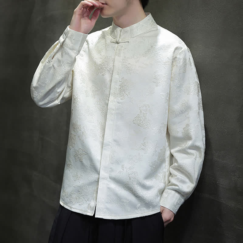 Buddha Stones Fall Elegant Tang Style Mandarin Collar Floral Men's Long Sleeve Shirts - image 20