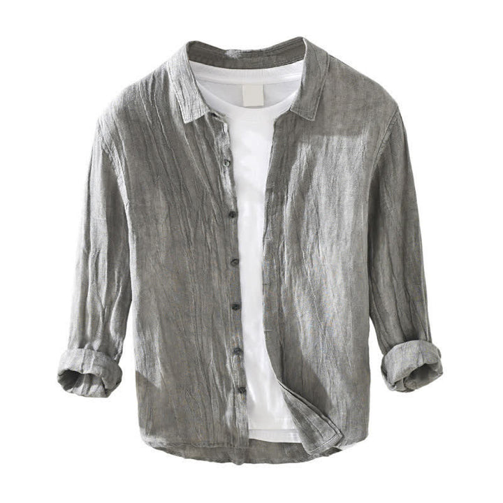 Buddha Stones Spring Casual Button-Up Solid Linen Men's Long Sleeve Shirts - image 2