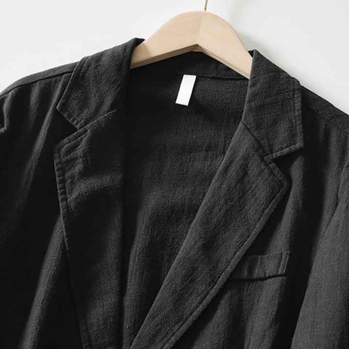 Buddha Stones Spring Fall Casual Minimalist Ramie Cotton Lapel Solid Men's Jacket With Pockets - image 6