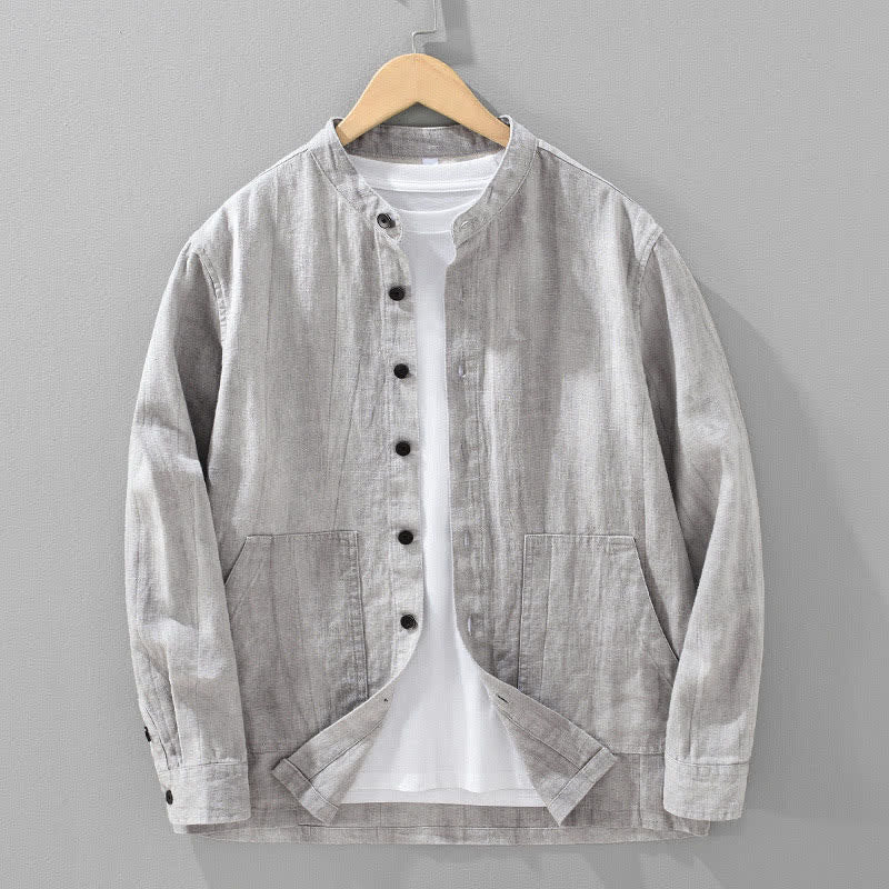 Buddha Stones Spring Fall Casual Solid Ramie Cotton Men's Jacket With Pockets - LightGray - US/UK/AU42，EU52 (3XL) - image 13