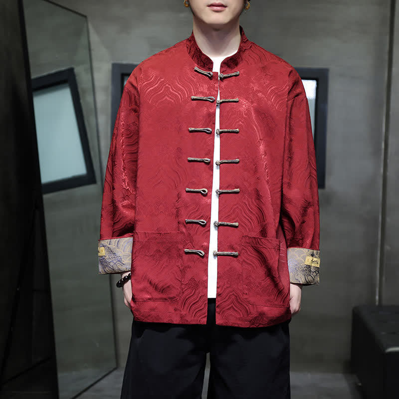 Buddha Stones Fall Winter Tang Style Elegant Mandarin Collar Abstract Wave Pattern Frog Button Men's Jacket With Pockets - image 5