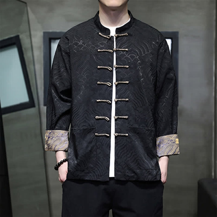 Buddha Stones Fall Winter Tang Style Elegant Mandarin Collar Abstract Wave Pattern Frog Button Men's Jacket With Pockets - Black - US/UK/AU46，EU56 (5XL) - image 10