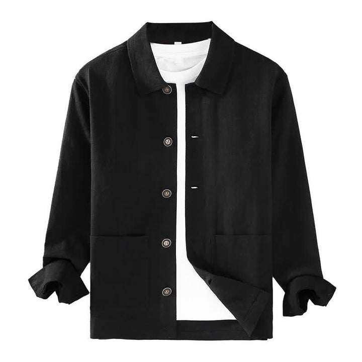 Buddha Stones Fall Casual Minimalist Solid Buttons Ramie Men's Jacket With Pockets - image 13