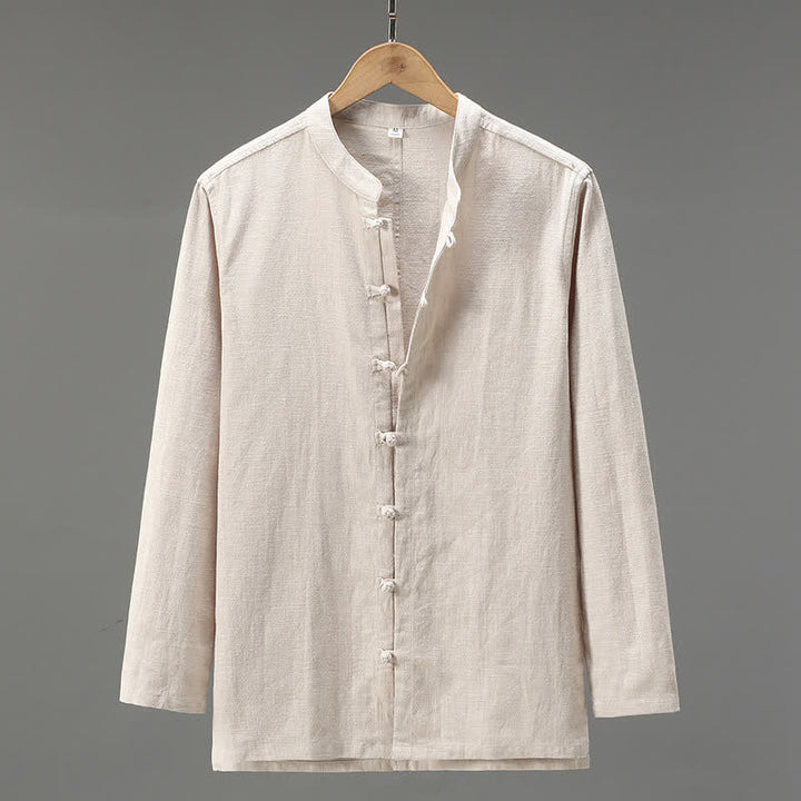 Buddha Stones Spring Casual Tang Style Frog Button Solid Men's Long Sleeve Shirts - Beige - US/UK/AU42，EU52 (3XL) - image 0
