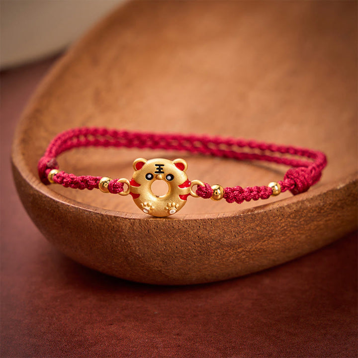 Buddha Stones Copper Tiger Peace Buckle Hand Woven Grounding Red String Adjustable Bracelet - image 3