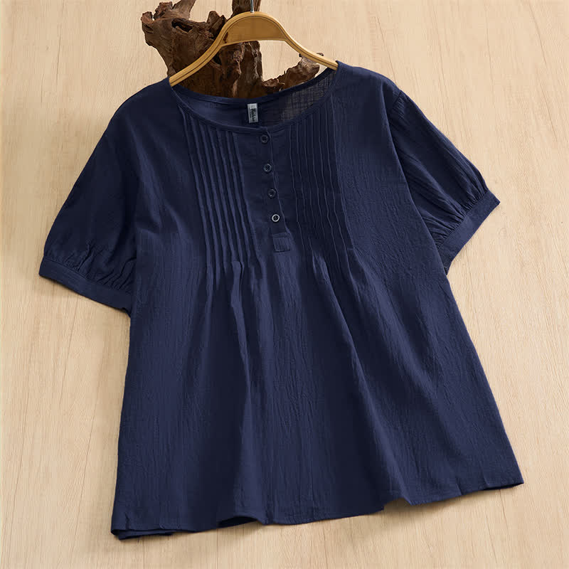 Buddha Stones Summer Casual Minimalist Button-Up Solid Cotton Women's Short Sleeve Shirts - MidnightBlue - US16, UK/AU20, EU48 (5XL) - image 0