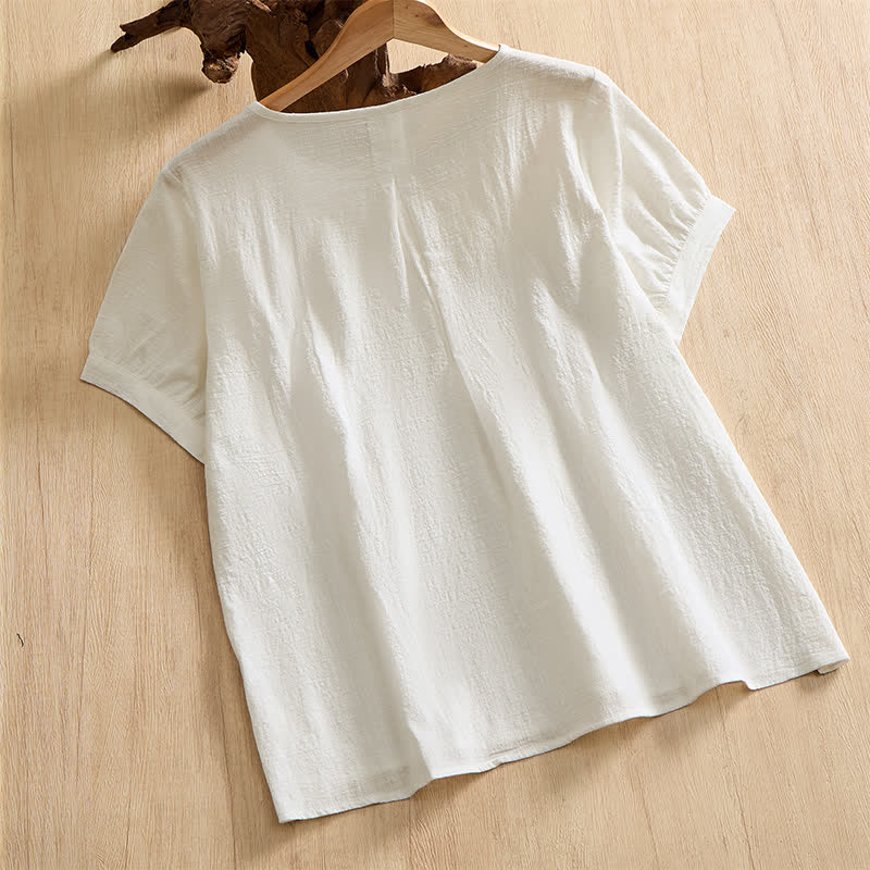 Buddha Stones Summer Casual Minimalist Button-Up Solid Cotton Women's Short Sleeve Shirts - image 25