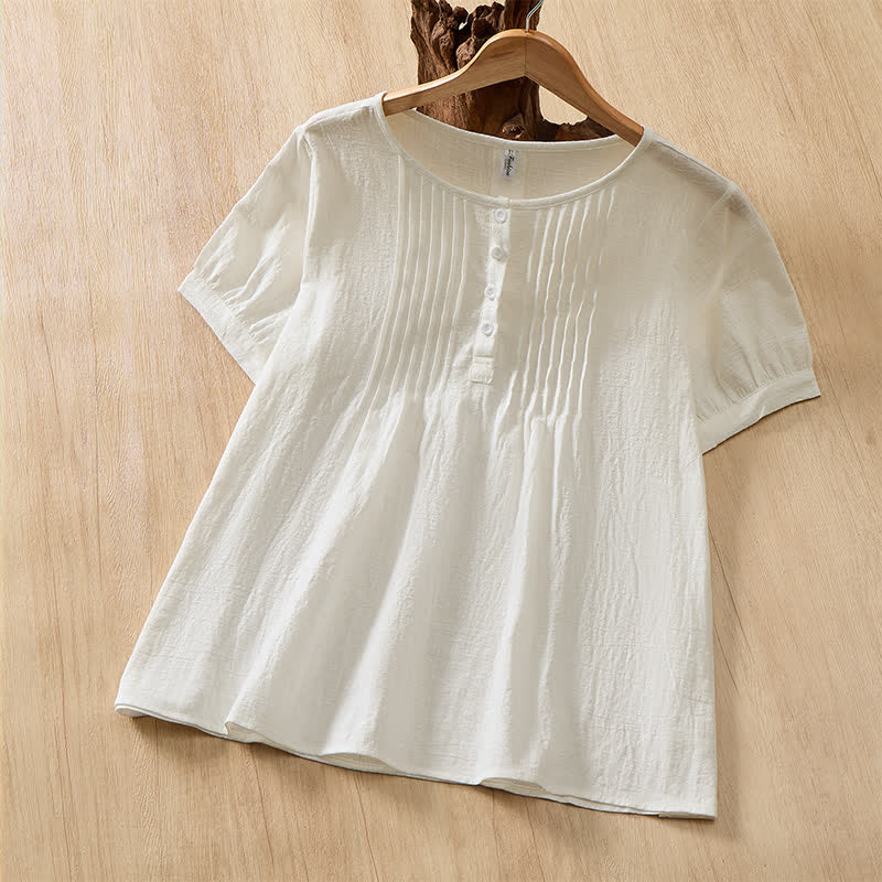 Buddha Stones Summer Casual Minimalist Button-Up Solid Cotton Women's Short Sleeve Shirts - image 26