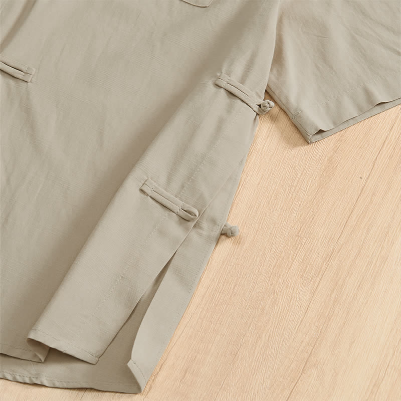 Buddha Stones Summer Casual Tang Style Frog Button Solid Men's Short Sleeve Shirts With Patch Pockets - image 31