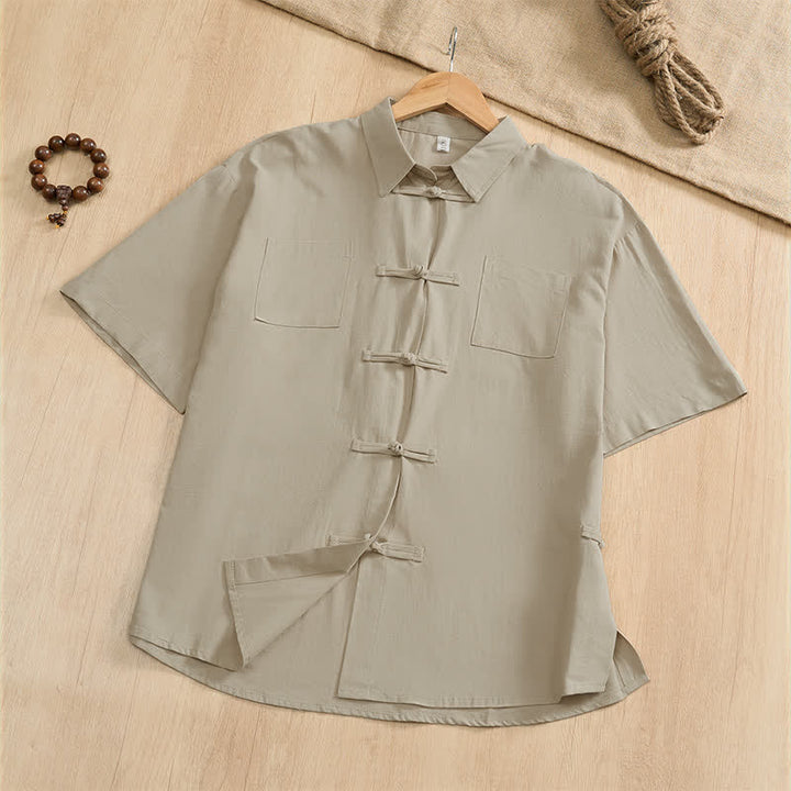 Buddha Stones Summer Casual Tang Style Frog Button Solid Men's Short Sleeve Shirts With Patch Pockets - image 25