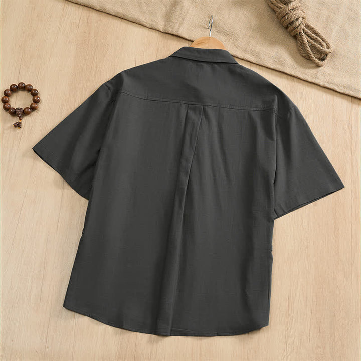 Buddha Stones Summer Casual Tang Style Frog Button Solid Men's Short Sleeve Shirts With Patch Pockets - image 1