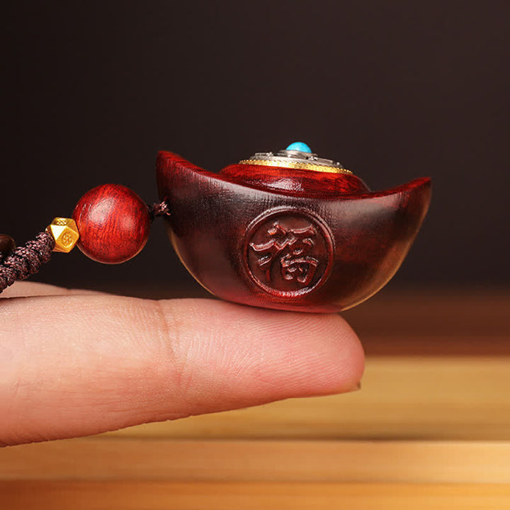 Buddha Stones Red Sandalwood Om Mani Padme Hum Yuanbao Wisdom Keychains - image 2