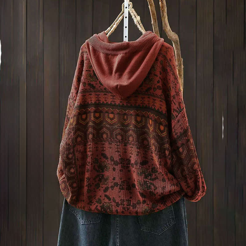 Buddha Stones Fall Striped Geometric Flowers Cotton Women's Long Sleeve Pullover Knitted Hoodie - image 3