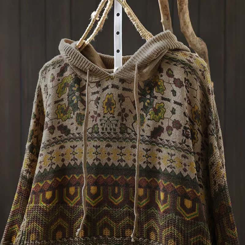 Buddha Stones Fall Striped Geometric Flowers Cotton Women's Long Sleeve Pullover Knitted Hoodie - image 1