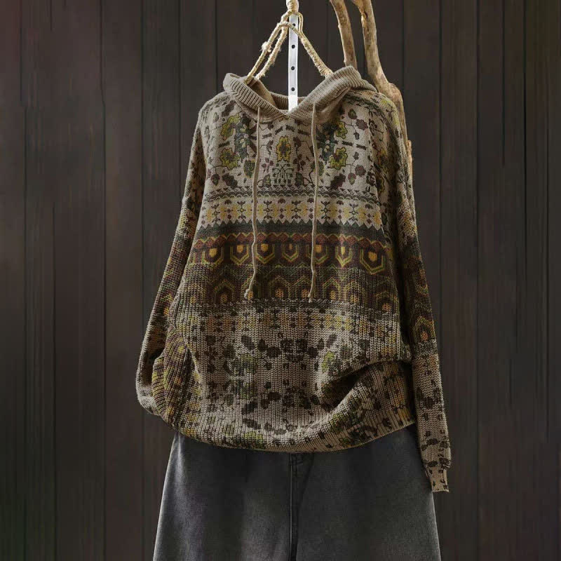 Buddha Stones Fall Striped Geometric Flowers Cotton Women's Long Sleeve Pullover Knitted Hoodie - Beige - US4-6，UK/AU8-10，EU36-38 (F) - image 0