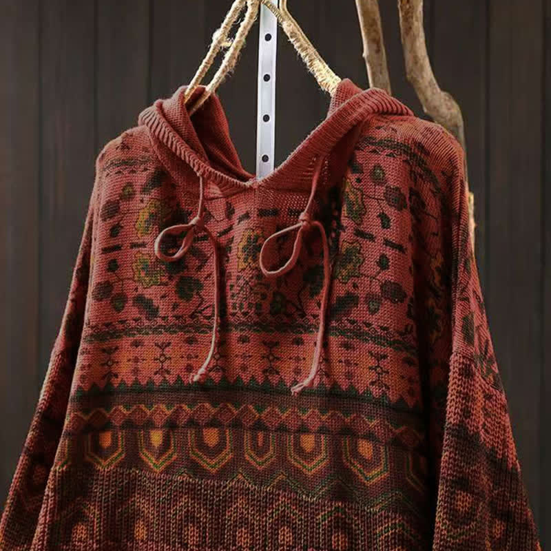 Buddha Stones Fall Striped Geometric Flowers Cotton Women's Long Sleeve Pullover Knitted Hoodie - image 4