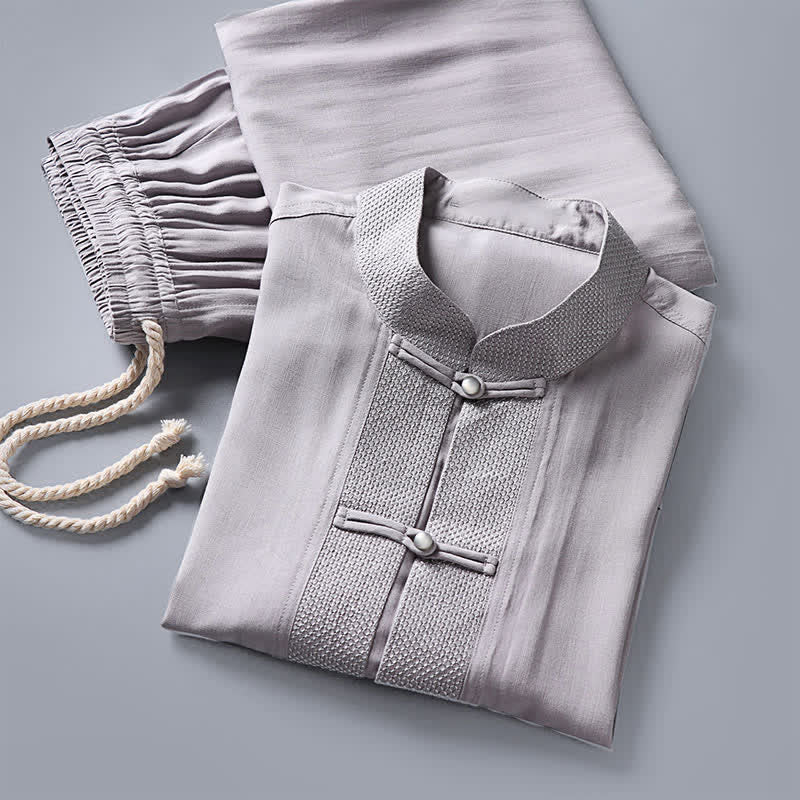 Buddha Stones 2Pcs Spring Tang Style Mandarin Collar Frog Button Solid Long Sleeve Shirt Pants Men's Meditation Cloth With Pockets - image 11