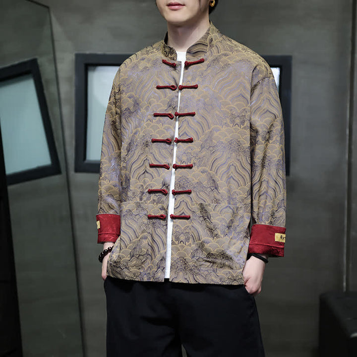 Buddha Stones Fall Winter Tang Style Elegant Mandarin Collar Abstract Wave Pattern Frog Button Men's Jacket With Pockets - Tan - US/UK/AU46，EU56 (5XL) - image 23