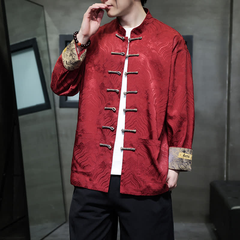 Buddha Stones Fall Winter Tang Style Elegant Mandarin Collar Abstract Wave Pattern Frog Button Men's Jacket With Pockets - image 7