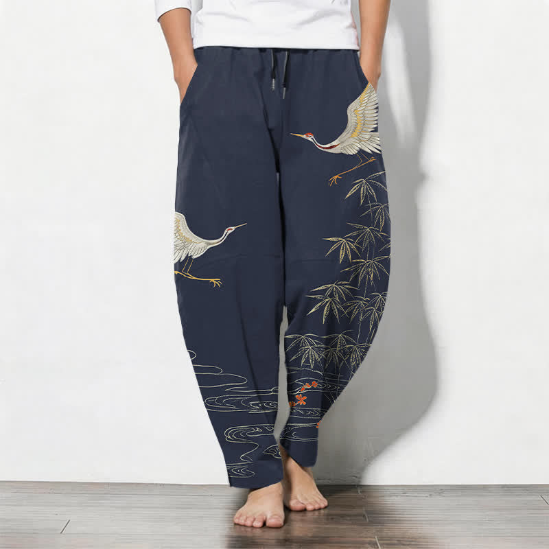 Buddha Stones Pure Cotton Crane Bamboo Wave Pattern Drawstring Men's Tapered Pants With Pockets - SteelBlue - US/UK/AU50，EU60 (5XL) - image 7