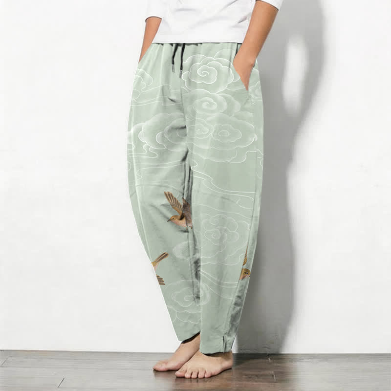 Buddha Stones Pure Cotton Auspicious Cloud Bird Pattern Drawstring Men's Tapered Pants With Pockets - image 12