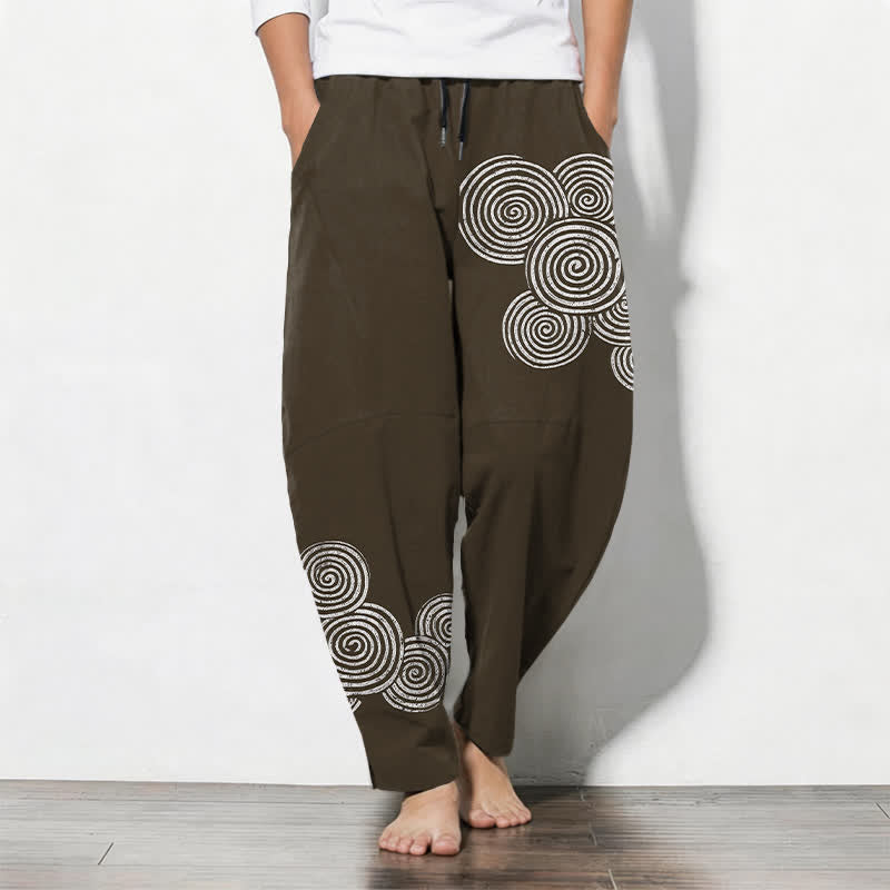 Buddha Stones Pure Cotton Concentric Spiral Pattern Drawstring Men's Tapered Pants With Pockets - SaddleBrown - US/UK/AU50，EU60 (5XL) - image 7