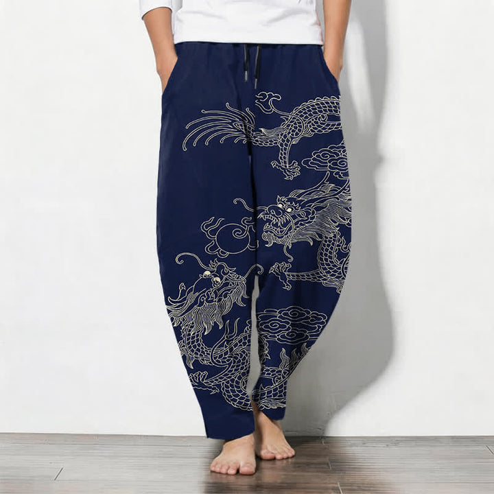 Buddha Stones Pure Cotton Imperial Dragon Pattern Drawstring Men's Tapered Pants With Pockets - Navy - US/UK/AU50，EU60 (5XL) - image 7