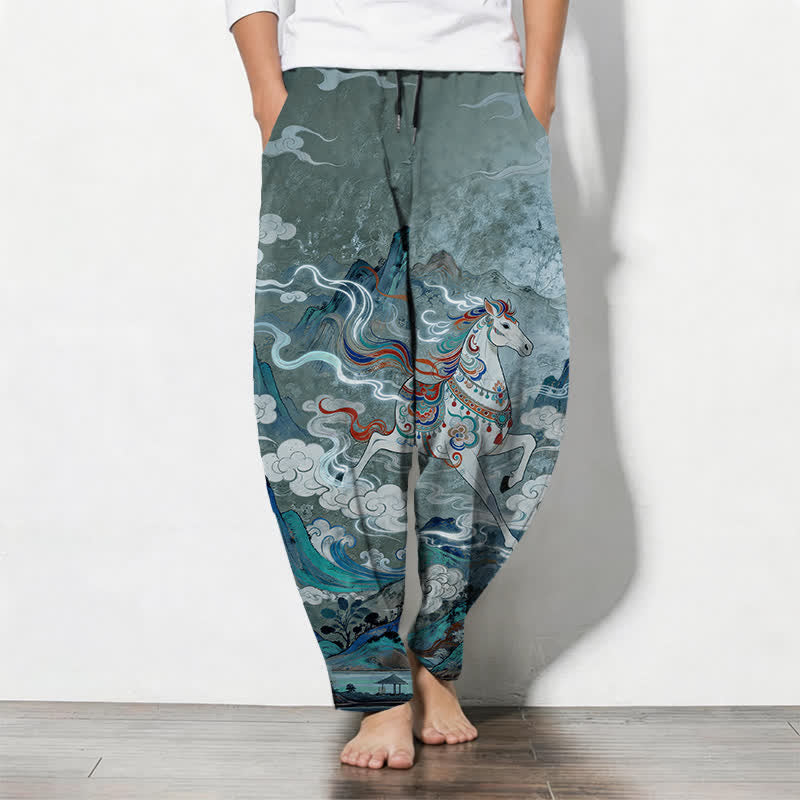 Buddha Stones Pure Cotton Running White Horse Pattern Drawstring Men's Tapered Pants With Pockets - CadetBlue - US/UK/AU50，EU60 (5XL) - image 7