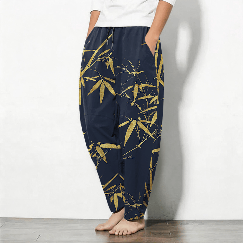 Buddha Stones Pure Cotton Golden Bamboo Pattern Drawstring Men's Tapered Pants With Pockets - image 1
