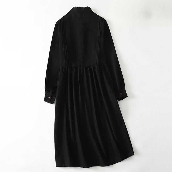 Buddha Stones Spring Fall Tang Style Vintage Button-Up Pleated Trim Solid Women's Long Sleeve Dress With Pocket - image 13