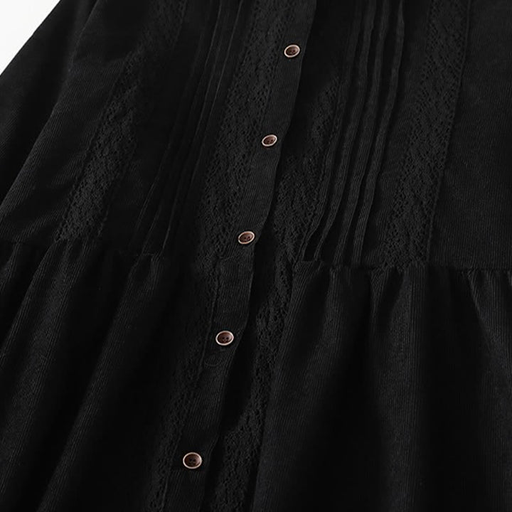 Buddha Stones Spring Fall Tang Style Vintage Button-Up Pleated Trim Solid Women's Long Sleeve Dress With Pocket - image 16