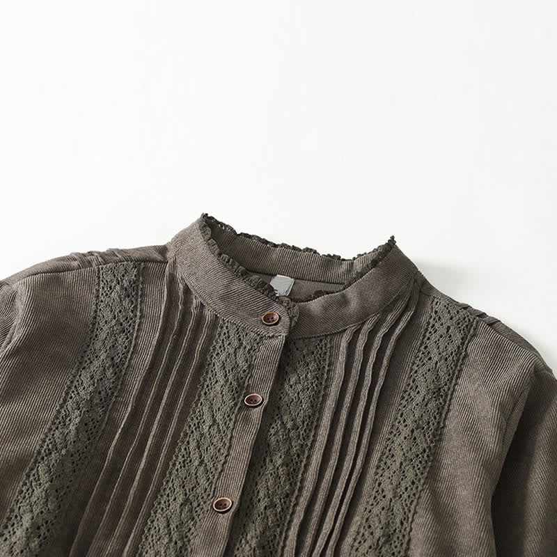 Buddha Stones Spring Fall Tang Style Vintage Button-Up Pleated Trim Solid Women's Long Sleeve Dress With Pocket - image 2