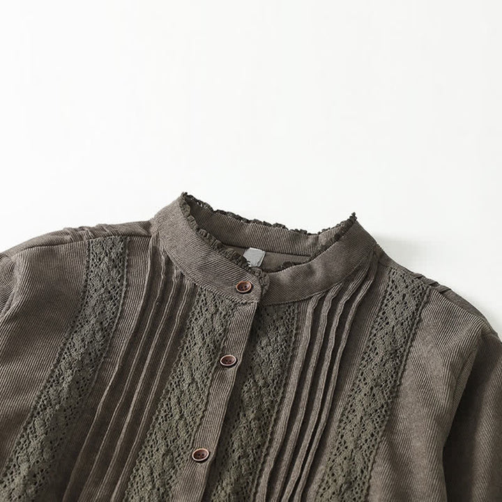 Buddha Stones Spring Fall Tang Style Vintage Button-Up Pleated Trim Solid Women's Long Sleeve Dress With Pocket - image 2