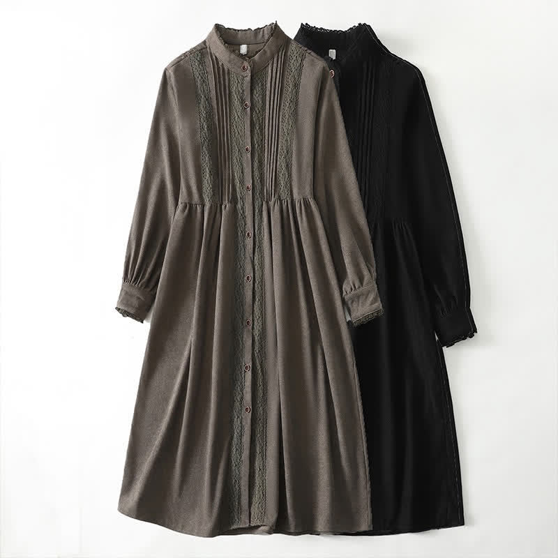 Buddha Stones Spring Fall Tang Style Vintage Button-Up Pleated Trim Solid Women's Long Sleeve Dress With Pocket - image 23