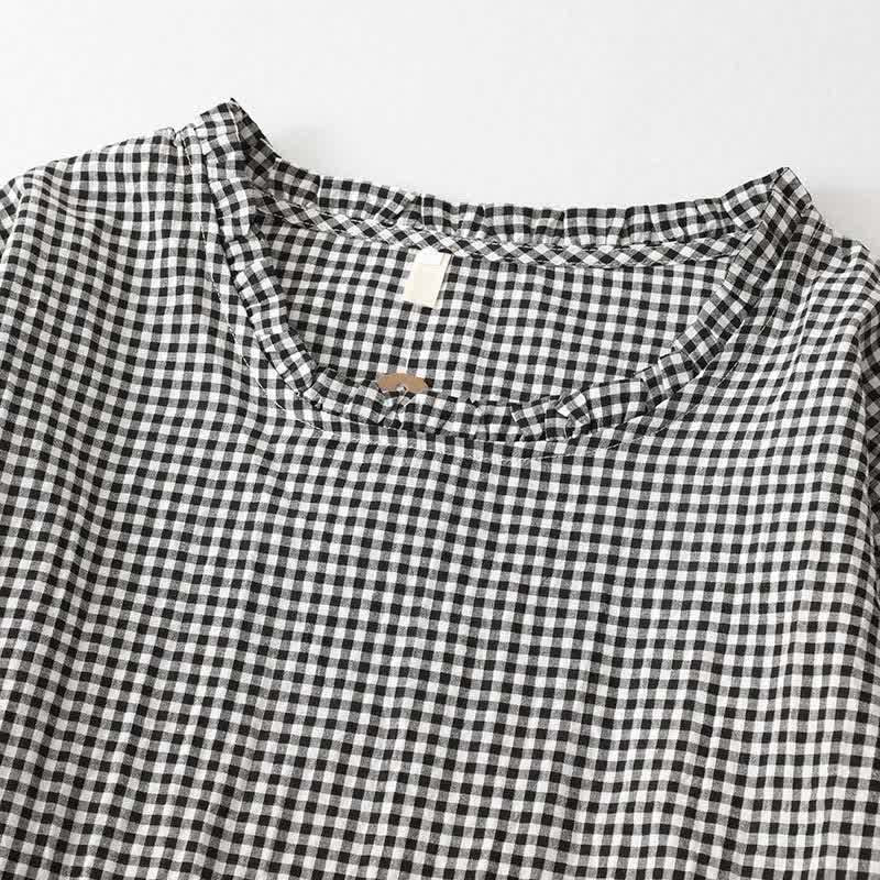Buddha Stones Spring Fall Casual Vintage Tiered Plaid Women's Long Sleeve Dress With Pocket - image 3