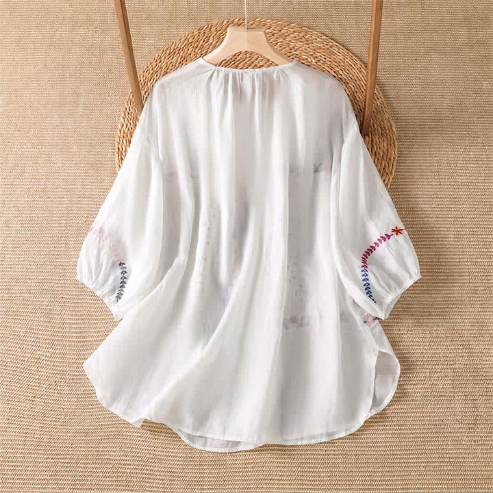 Buddha Stones Spring Summer Boho Embroidery Floral Women's Short Sleeve Shirts - image 1