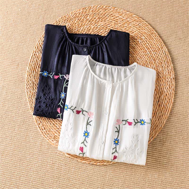 Buddha Stones Spring Summer Boho Embroidery Floral Women's Short Sleeve Shirts - image 10