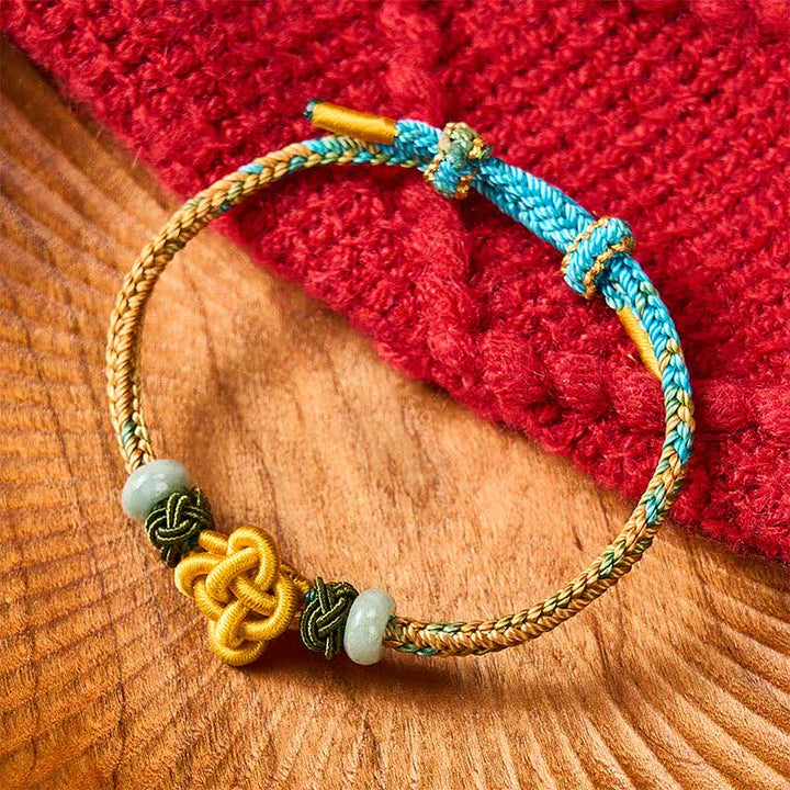 Buddha Stones Handmade Braided Yellow Green Osmanthus Knot Jade Luck Adjustable Bracelet - image 1