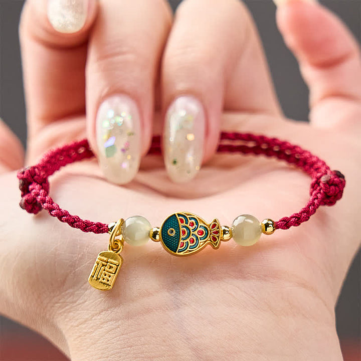 Buddha Stones Hand-Woven Koi Fish Fu Character Jade Beads Protection Rope Bracelet - image 3