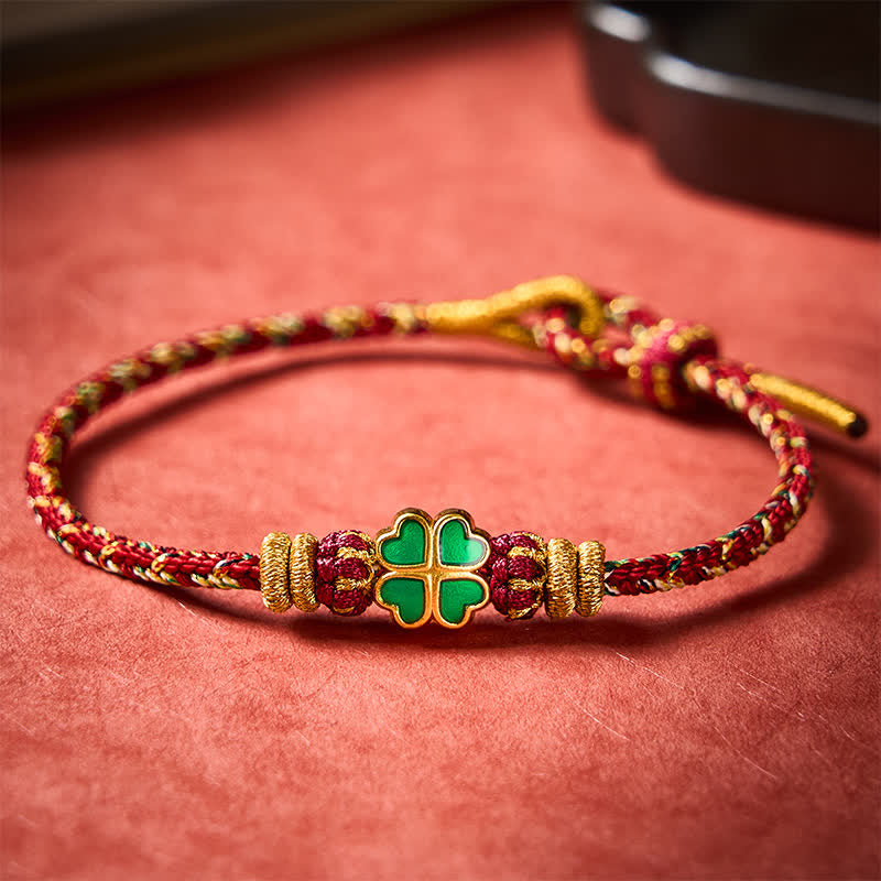 Buddha Stones Hand-Woven String Heart-Shaped Green Four Leaf Clover Strength Rope Bracelet - image 12