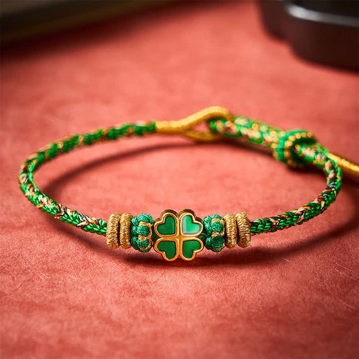 Buddha Stones Hand-Woven String Heart-Shaped Green Four Leaf Clover Strength Rope Bracelet - image 2
