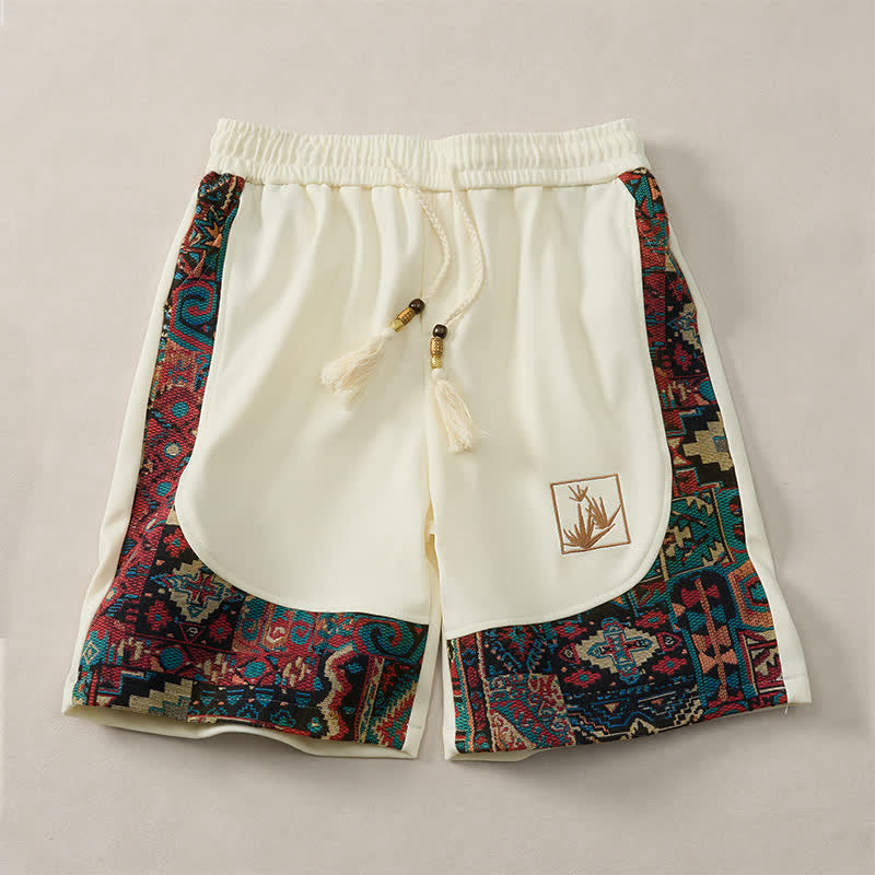 Buddha Stones Summer Boho Drawstring Elastic Waist Geometric Trim Men's Shorts With Pockets - White - US/UK/AU46, EU56 (5XL) - image 17