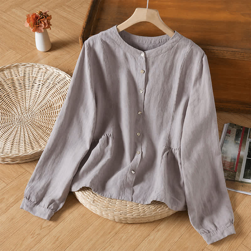 Buddha Stones Spring Fall Casual Minimalist Button-Up Crew Neck Solid Women's Long Sleeve Shirts - LightGrey - US8-10, UK/AU12-14, EU40-42 (2XL) - image 2