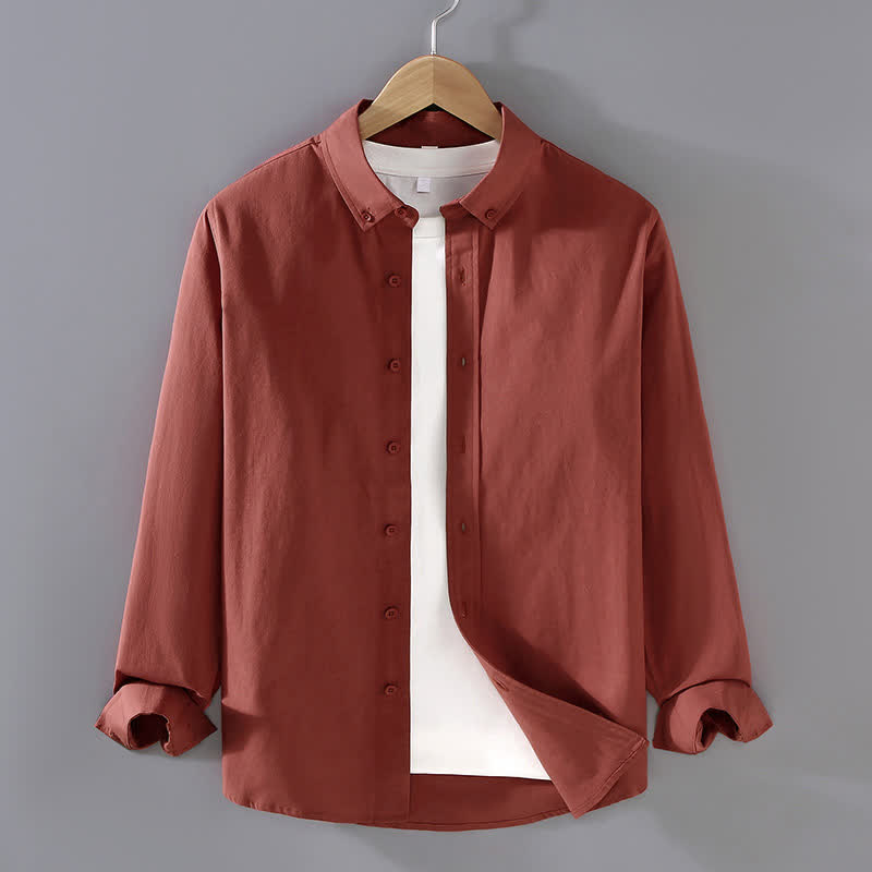 Buddha Stones Spring Fall Casual Minimalist Button-Up Solid Cotton Men's Long Sleeve Shirts - IndianRed - US/UK/AU42, EU52 (3XL) - image 13